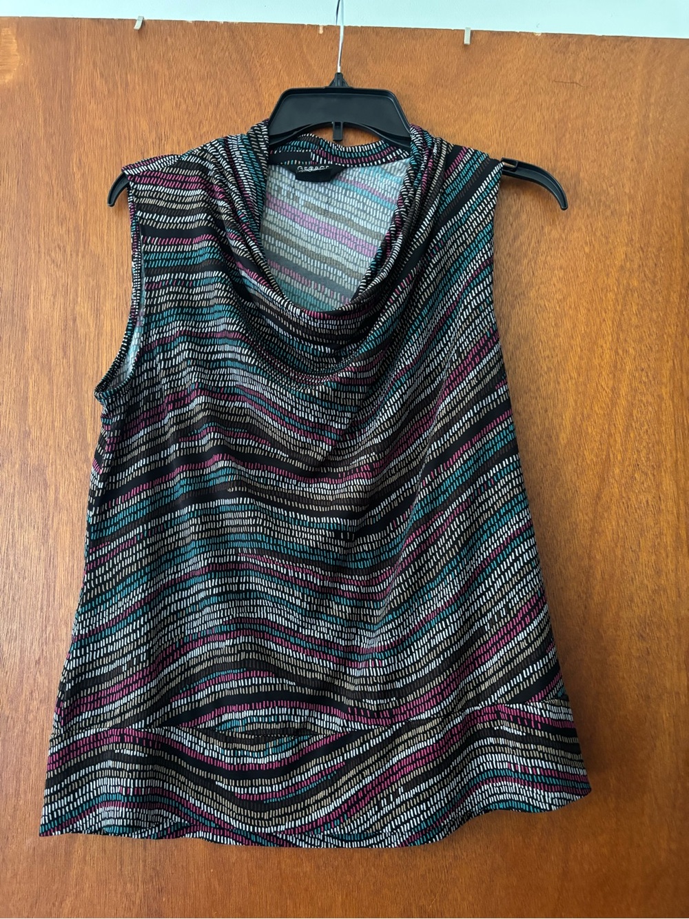 George Sleeveless Cowl Neck Sweater in Black with Teal & Plum Stripes